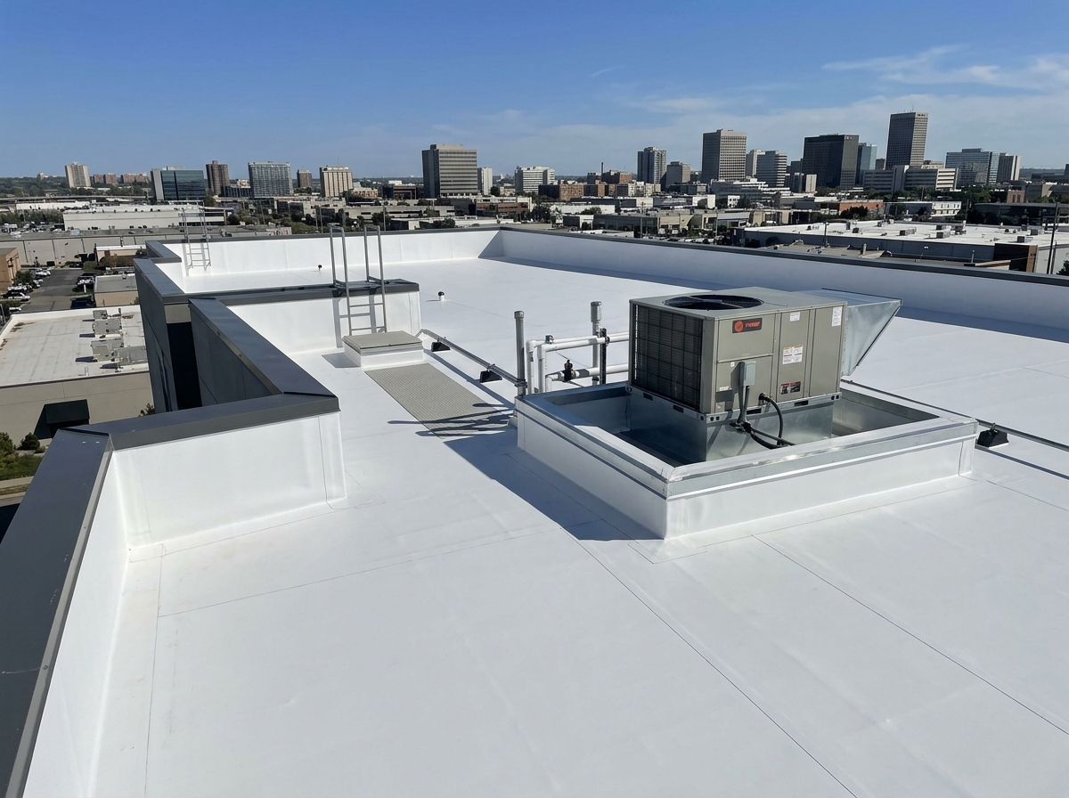 Commercial building flat roof with newly installed white TPO membrane