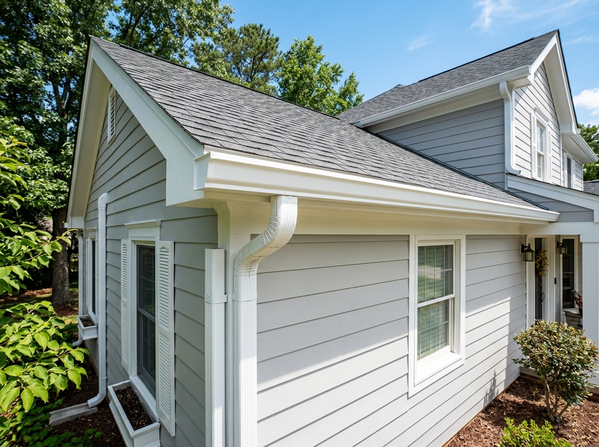 Newly installed seamless white aluminum gutters along residential roofline