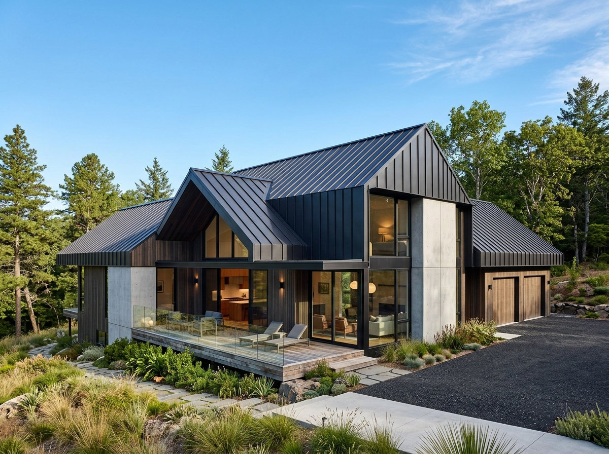 Modern residence with dark standing seam metal roof