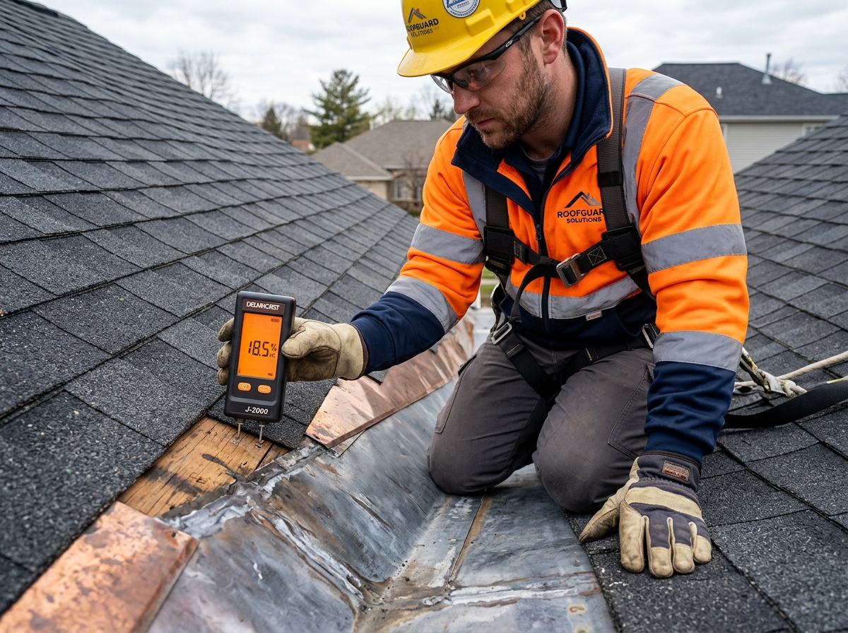 Professional roofer using moisture meter tool to inspect roof valley for leaks