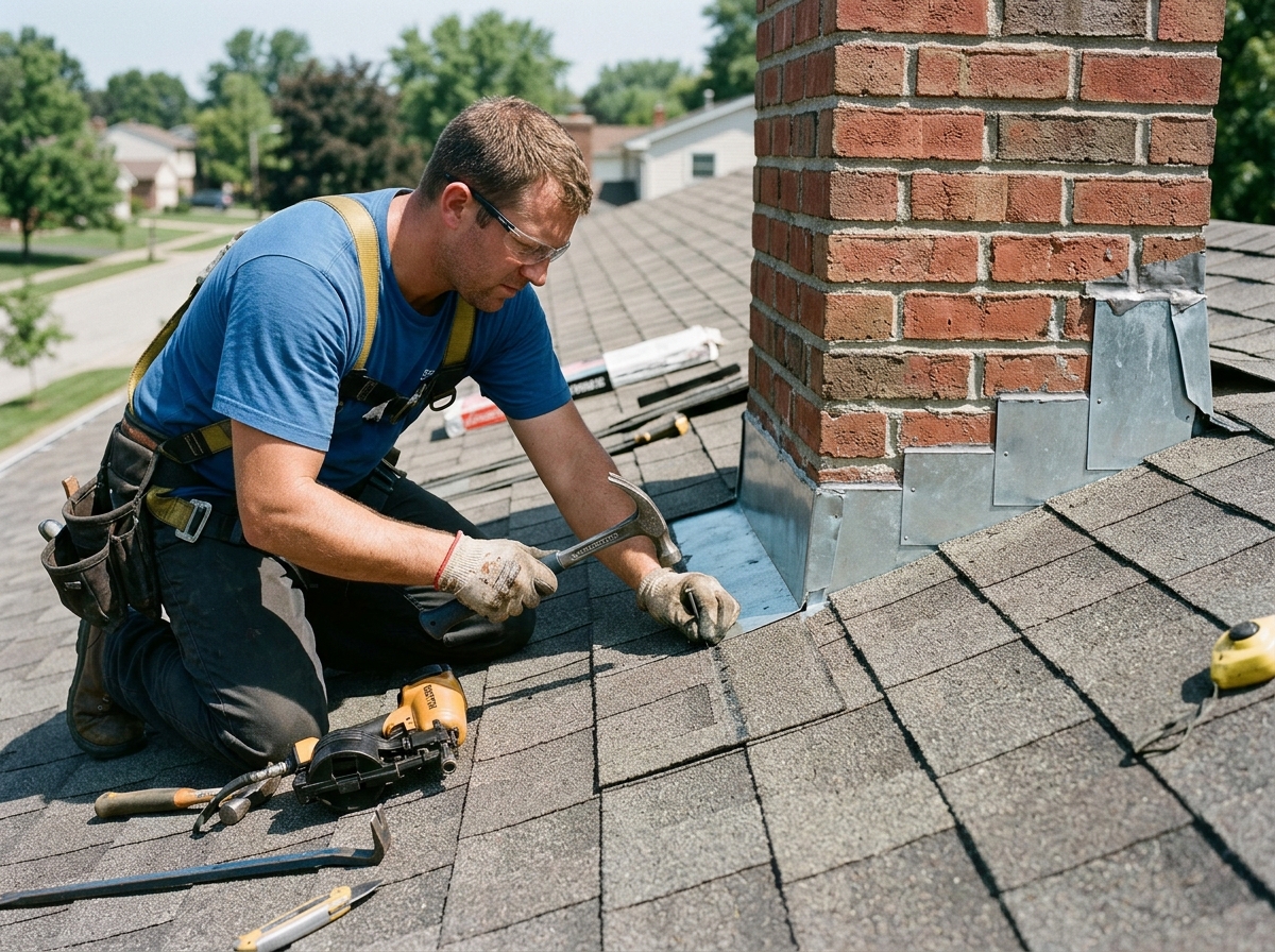 Professional roofer repairing shingles and step flashing around chimney